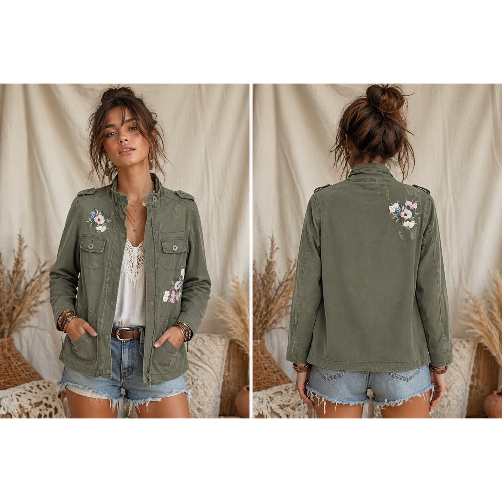 Kersh Utility Jacket Womens XS‎ Olive Green Embroidered Floral Military Boho Y2K